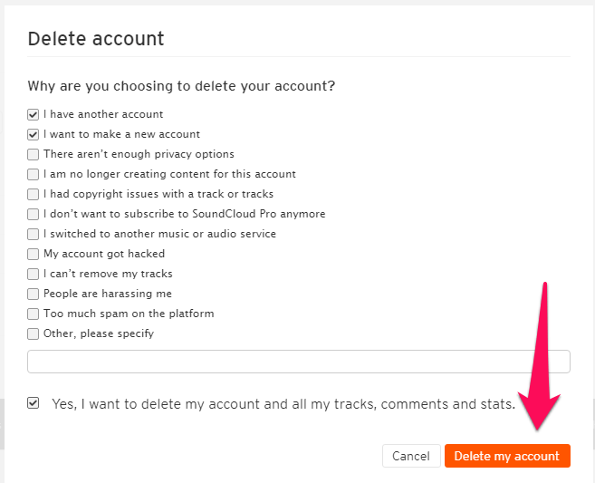 Elimina le opzioni del mio account