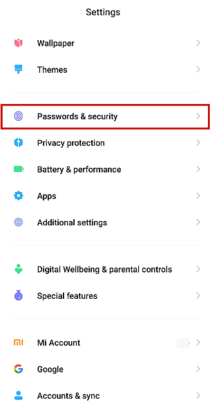 Android-telefoninställningar med lösenord och säkerhetsalternativ markerat