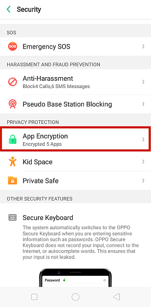 Configurações de segurança do Android com opção de criptografia de aplicativo destacada