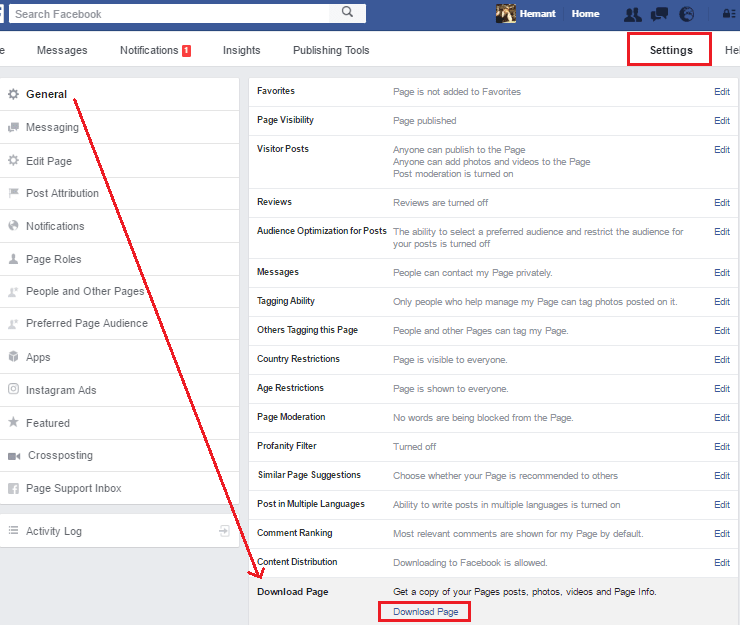 Baixar informações da página do Facebook