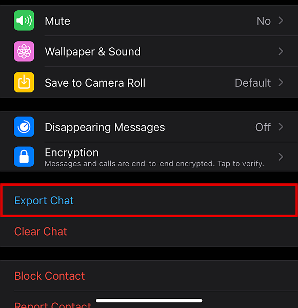 Ekran danych kontaktowych Whatsapp z podświetloną opcją eksportu czatu