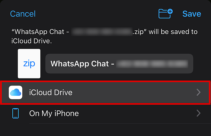 突出显示 icloud 驱动器选项的 Whatsapp 聊天导出保存到文件操作