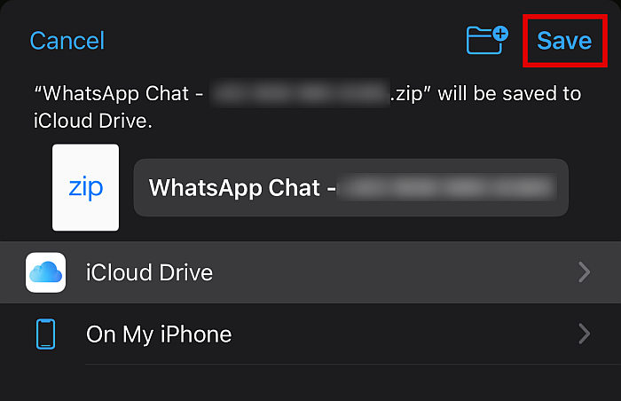 WhatsApp-Chat-Export in Dateien speichern Aktion mit hervorgehobener Schaltfläche 