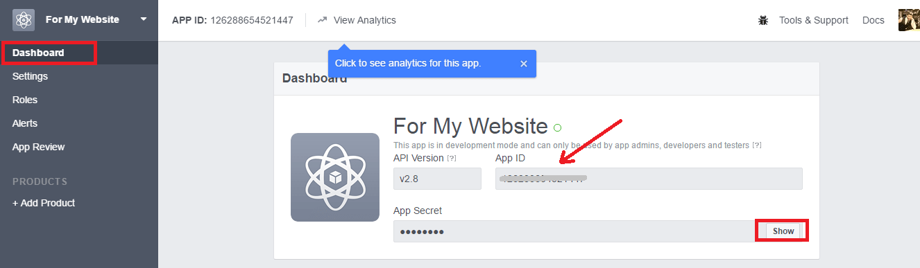 Facebook App ID a App Secret, abyste získali počet sledování a sdílení