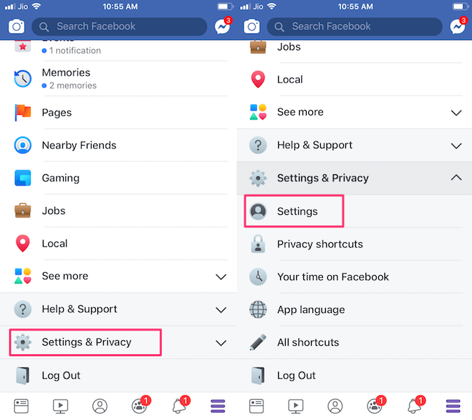 Facebook-innstillinger i appen