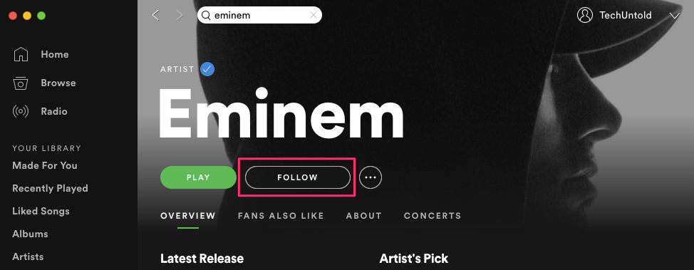 Follow artists on Spotify