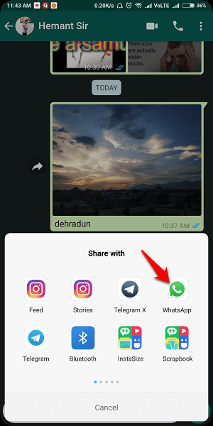 Vidarebefordra bild med bildtext på WhatsApp på Android