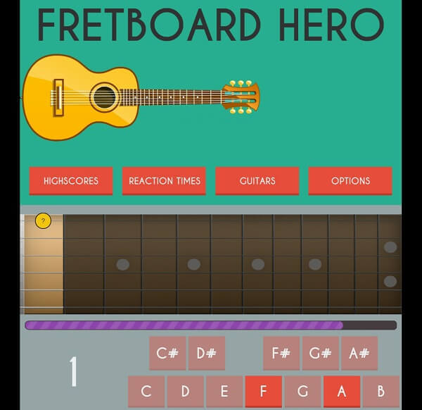 Lerne in Fretboard Hero Gitarre, während du spielst