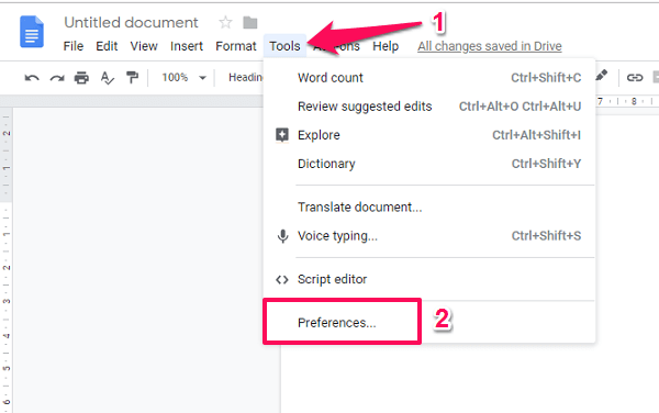 Google documenten - menu voorkeuren
