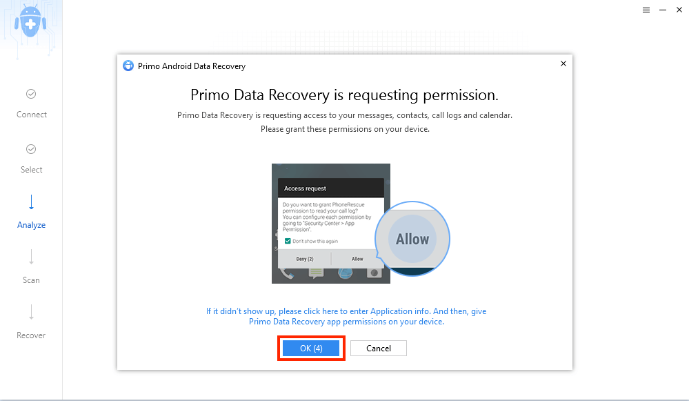 Предоставьте доступ к Primo Android Data Recovery