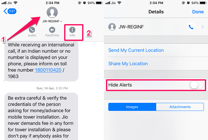 Skjul varsler for meldinger på iPhone