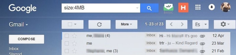 sök e-postmeddelanden efter storlek i gmail