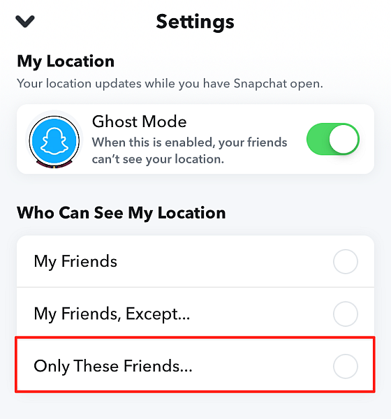 Snapchat-kortindstillinger med kun indstillingen for disse venner fremhævet