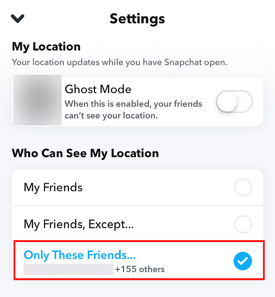 Snapchat-kartainställningar med endast dessa vänner-alternativ som visar antalet valda vänner