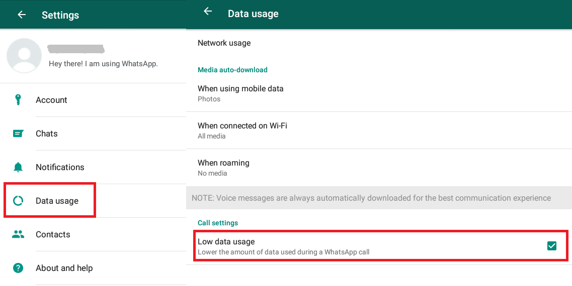Laag gegevensgebruik WhatsApp belt Android