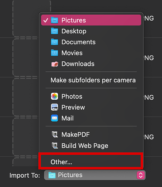 Importieren Sie in Optionen in der Bilderfassung auf dem Mac, wobei die andere Option hervorgehoben ist