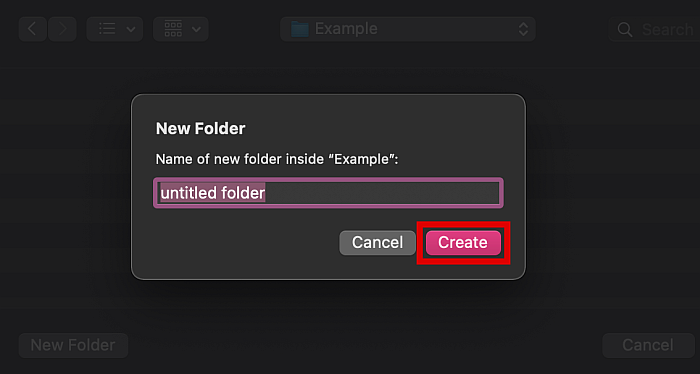 Monit o nowy folder na Macu z podświetlonym przyciskiem tworzenia