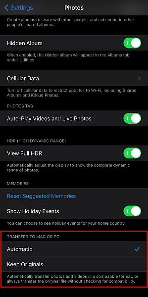 Indstillinger for Iphone-fotos med indstillingen for overførsel til mac eller pc fremhævet