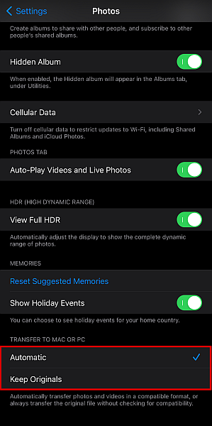 Iphone-valokuva-asetukset, joissa on korostettu siirto mac- tai PC-tietokoneeseen