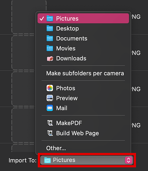 الاستيراد إلى الخيارات في التقاط الصور في نظام Mac