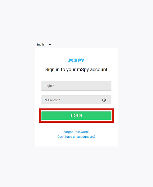 Mspy-inloggningssida med inloggningsknappen markerad