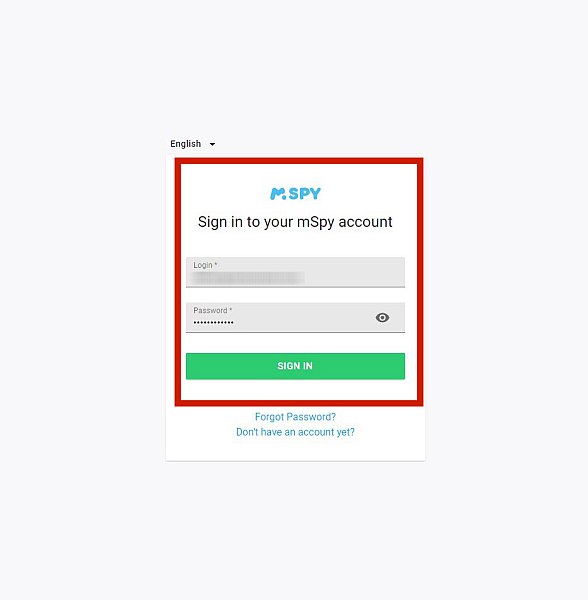 填充了登录名和密码框的 mSpy 登录页面