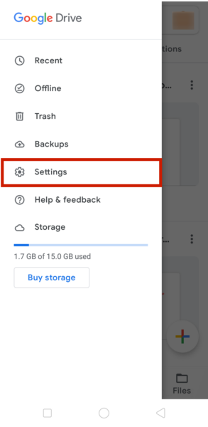 Google Drive -sovellusvalikko Androidissa