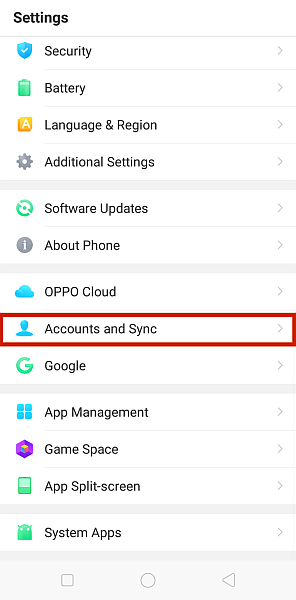 Android-telefoninställningar med konto- och synkroniseringsalternativ markerat