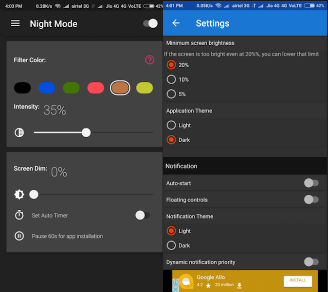 Night Mode -sovellus Androidille