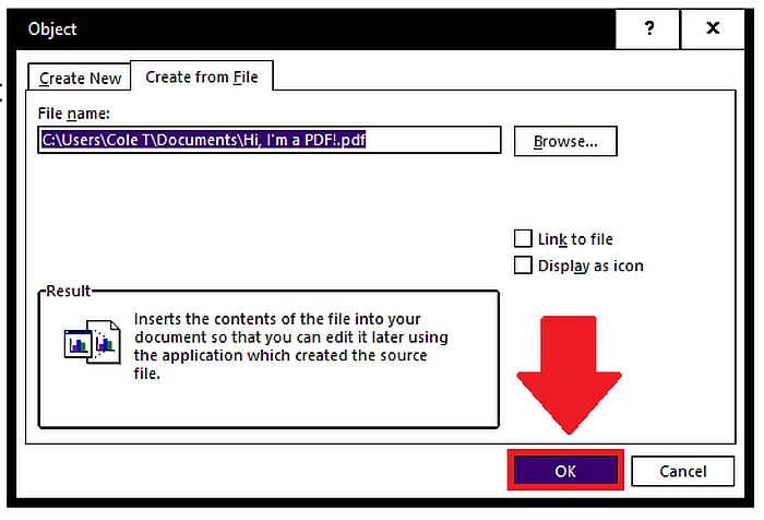 Potvrzení vložení souboru PDF do dokumentu aplikace Word jako objektu