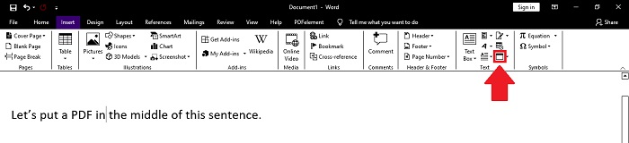 Kliknięcie ikony obiektu, aby wstawić plik PDF jako obiekt
