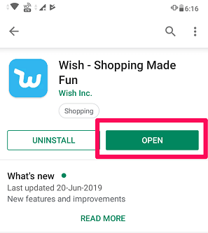 Abra o aplicativo wish após a instalação