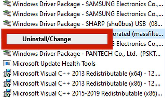 Snímek obrazovky adresáře programu Windows se zvýrazněnou možností odinstalovat/změnit