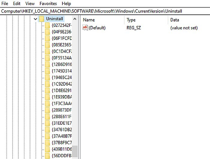 Snímek obrazovky složky pro odinstalaci v editoru registru systému Windows