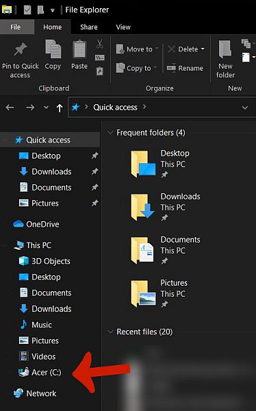 Näyttökaappaus osasta Windows File Explorer -ikkunaa, jossa nuoli osoittaa tietokoneen asemaan C