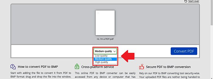 Att välja kvalitetsnivå i PDFCandy