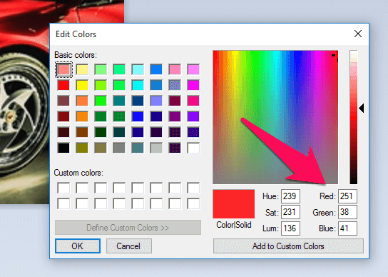 그림판의 이미지에서 색상 코드 식별