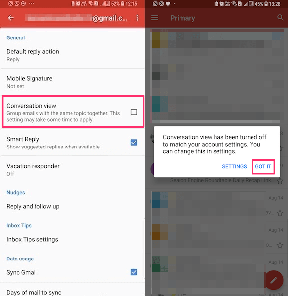 Usuń widok wątku w aplikacji Gmail na Androida na iPhone