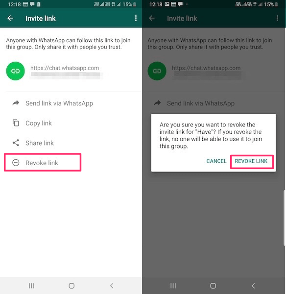WhatsApp grup davet bağlantısını iptal et