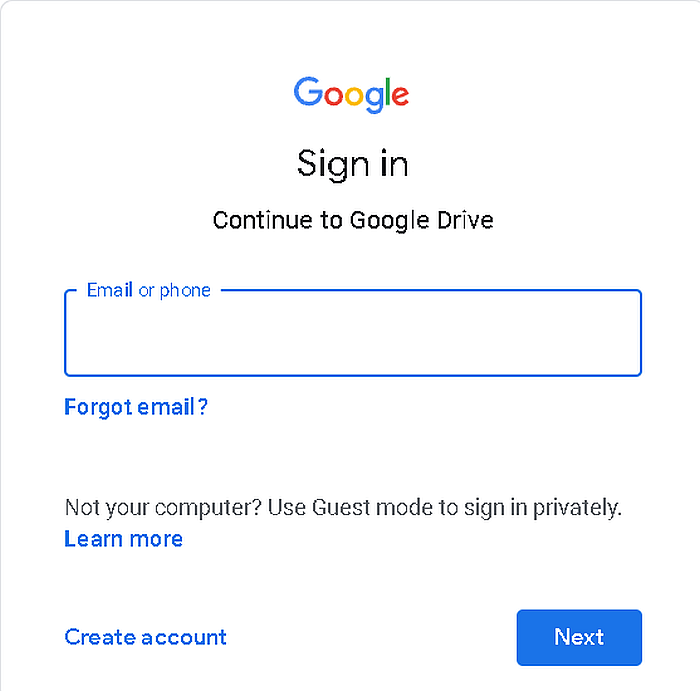 Página de inicio de sesión para Google Drive