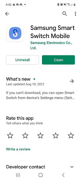 A Samsung smart switch mobilalkalmazás részletes oldala a Google Playen