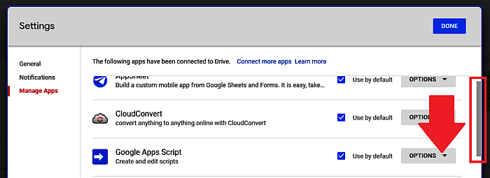 Google Drive – Seite „Apps verwalten“.