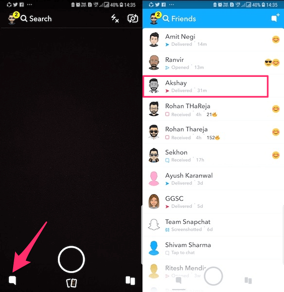Tela de bate-papo do Snapchat