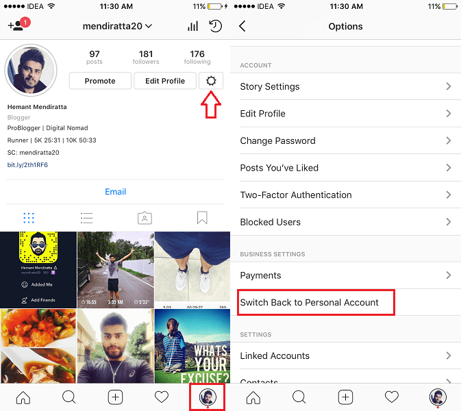 Skift tilbage til personlig profil på Instagram