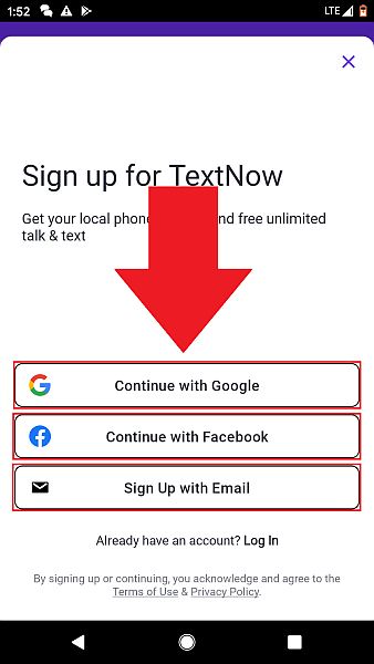 TextNow Google Facebook e-mail