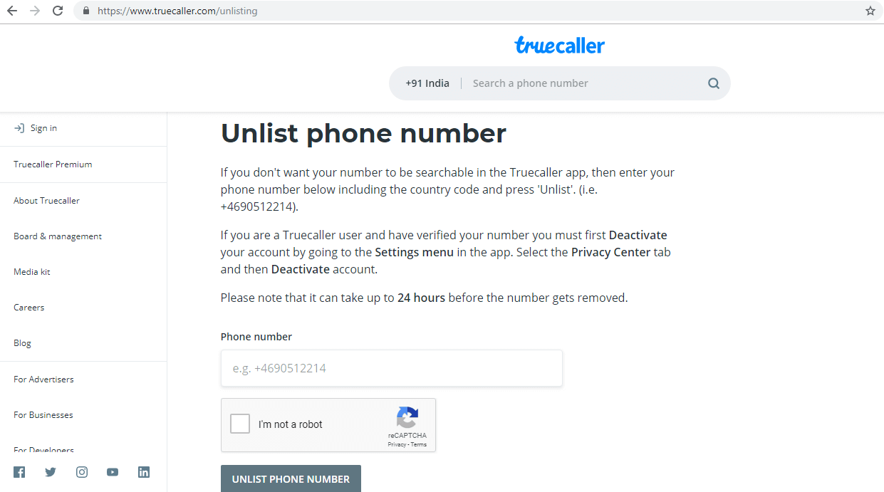 Truecallerからあなたの番号を削除します