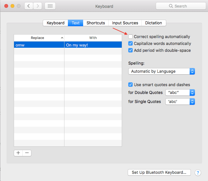Desative a correção automática no Mac