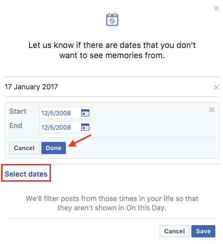 Отключить воспоминания Facebook с определенных дат