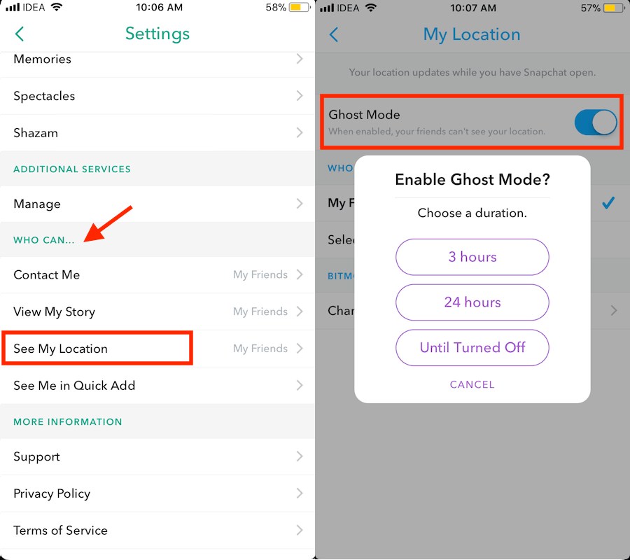Zapněte Ghost Mode na Snapchat na určitou dobu