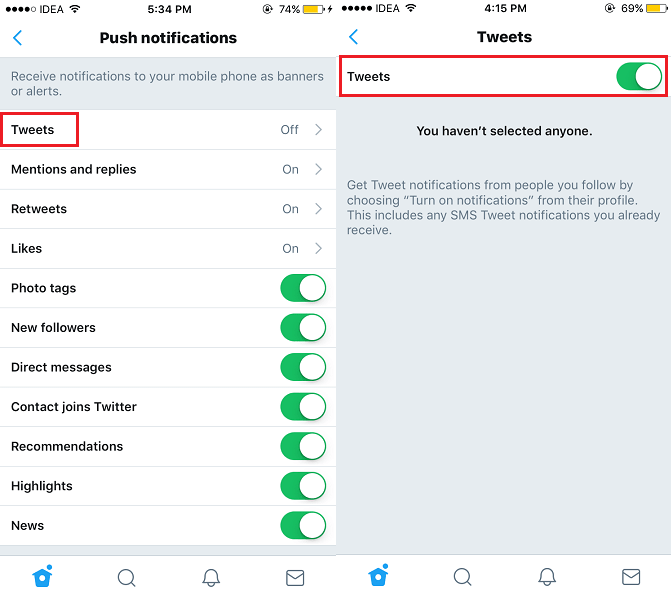 Configurações de notificações push do Tweet